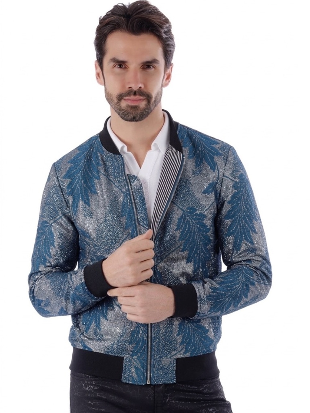 BARABAS Metallic Blue & Silver Floral Jacquard Bomber Zip Up Jacket - Size Small - Picture 12 of 12